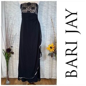 Bari Jay black and cream strapless evening gown.